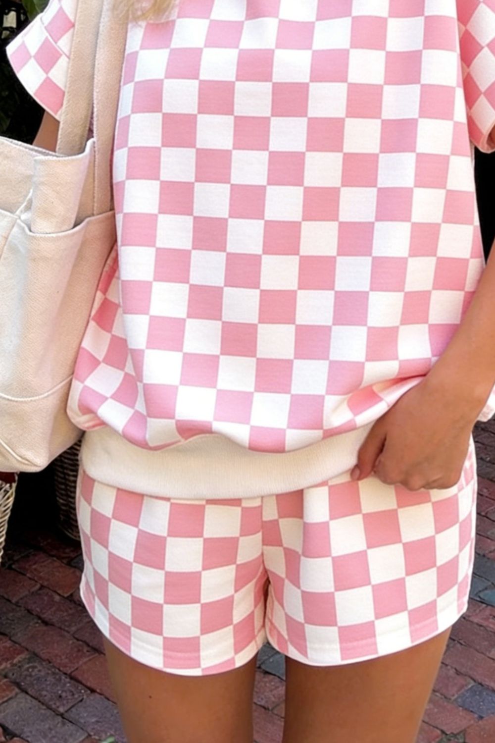 Casual Women's Outfit Set Checkerboard Short Sleeve Top Tee and Shorts 2 Pcs