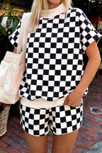 Casual Women's Outfit Set Checkerboard Short Sleeve Top Tee and Shorts 2 Pcs