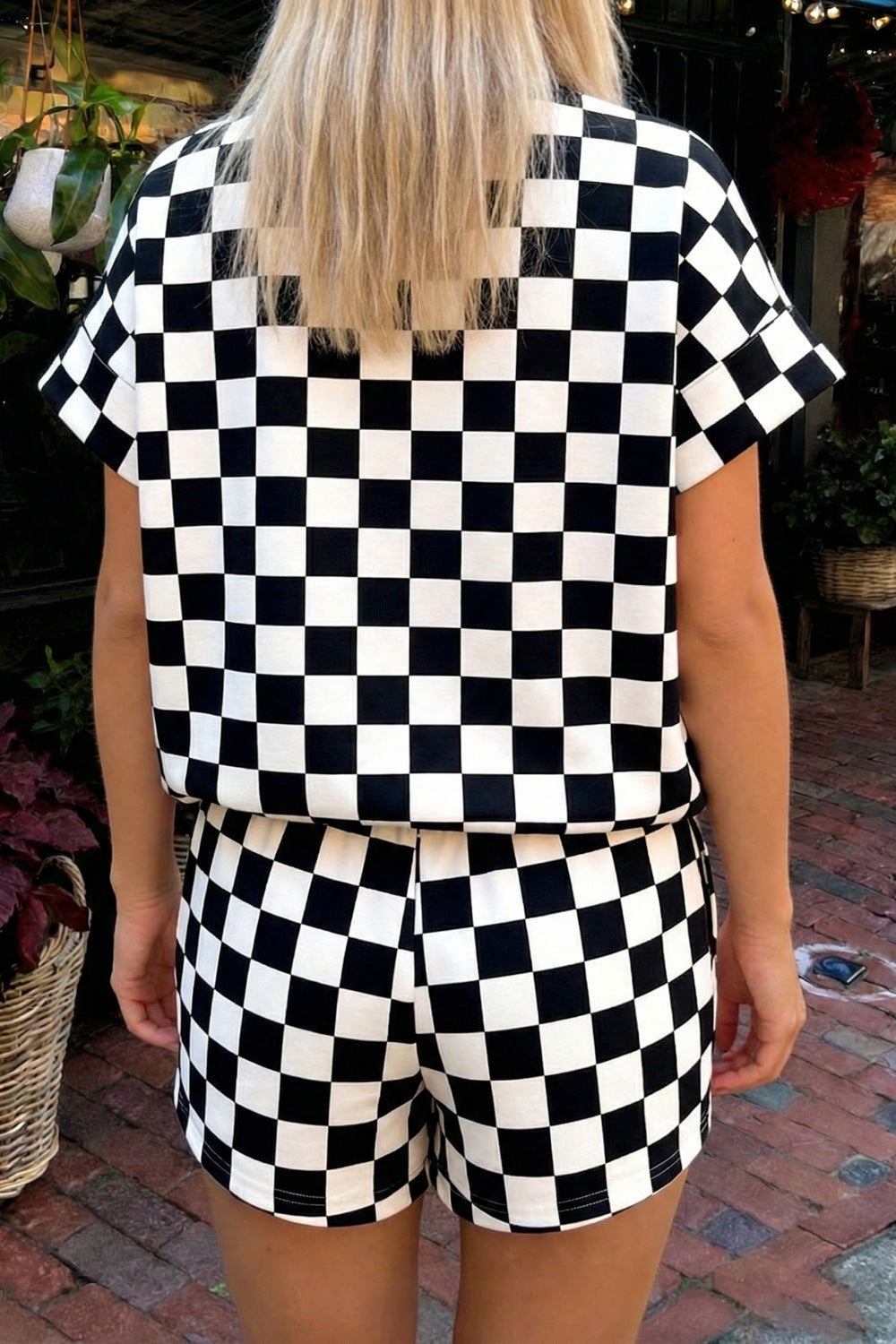 Casual Women's Outfit Set Checkerboard Short Sleeve Top Tee and Shorts 2 Pcs