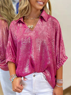 Metallic Blouse Collared V-Neck Half Sleeve Casual Deep Rose Loose Top