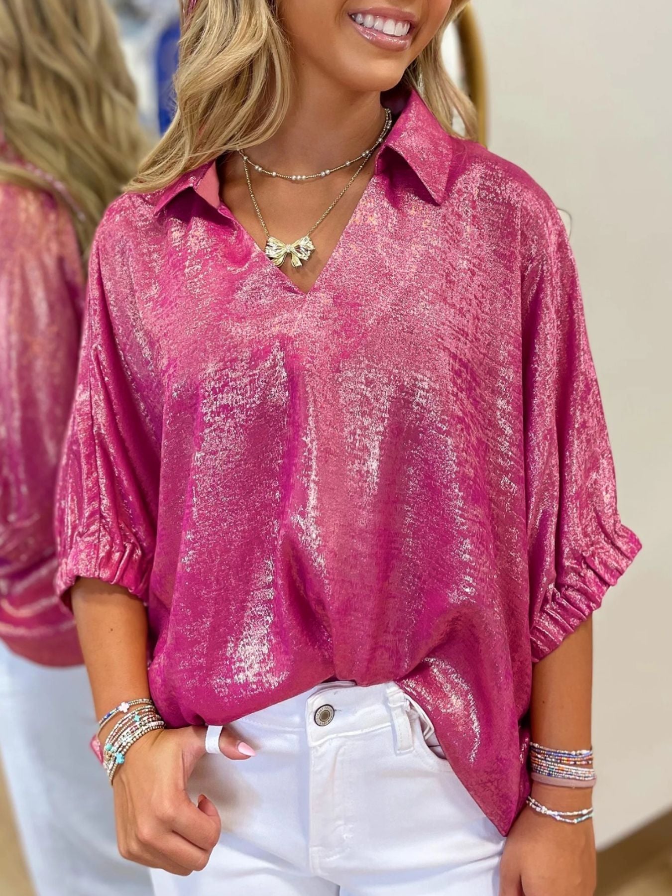 Metallic Blouse Collared V-Neck Half Sleeve Casual Deep Rose Loose Top