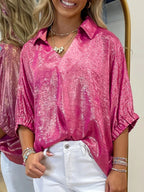 Metallic Blouse Collared V-Neck Half Sleeve Casual Deep Rose Loose Top