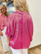 Metallic Blouse Collared V-Neck Half Sleeve Casual Deep Rose Loose Top