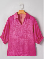 Metallic Blouse Collared V-Neck Half Sleeve Casual Deep Rose Loose Top