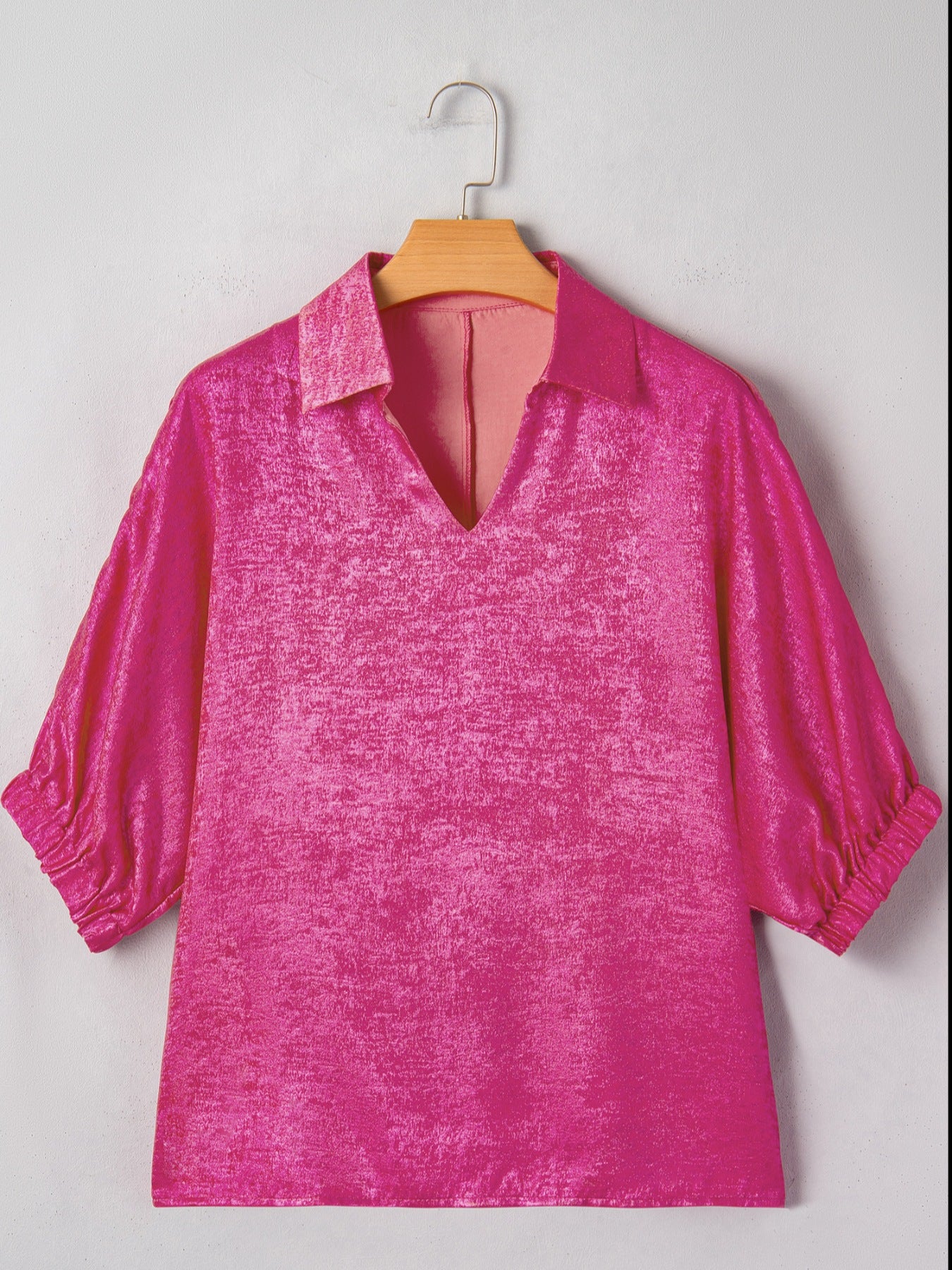 Metallic Blouse Collared V-Neck Half Sleeve Casual Deep Rose Loose Top