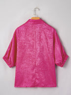 Metallic Blouse Collared V-Neck Half Sleeve Casual Deep Rose Loose Top