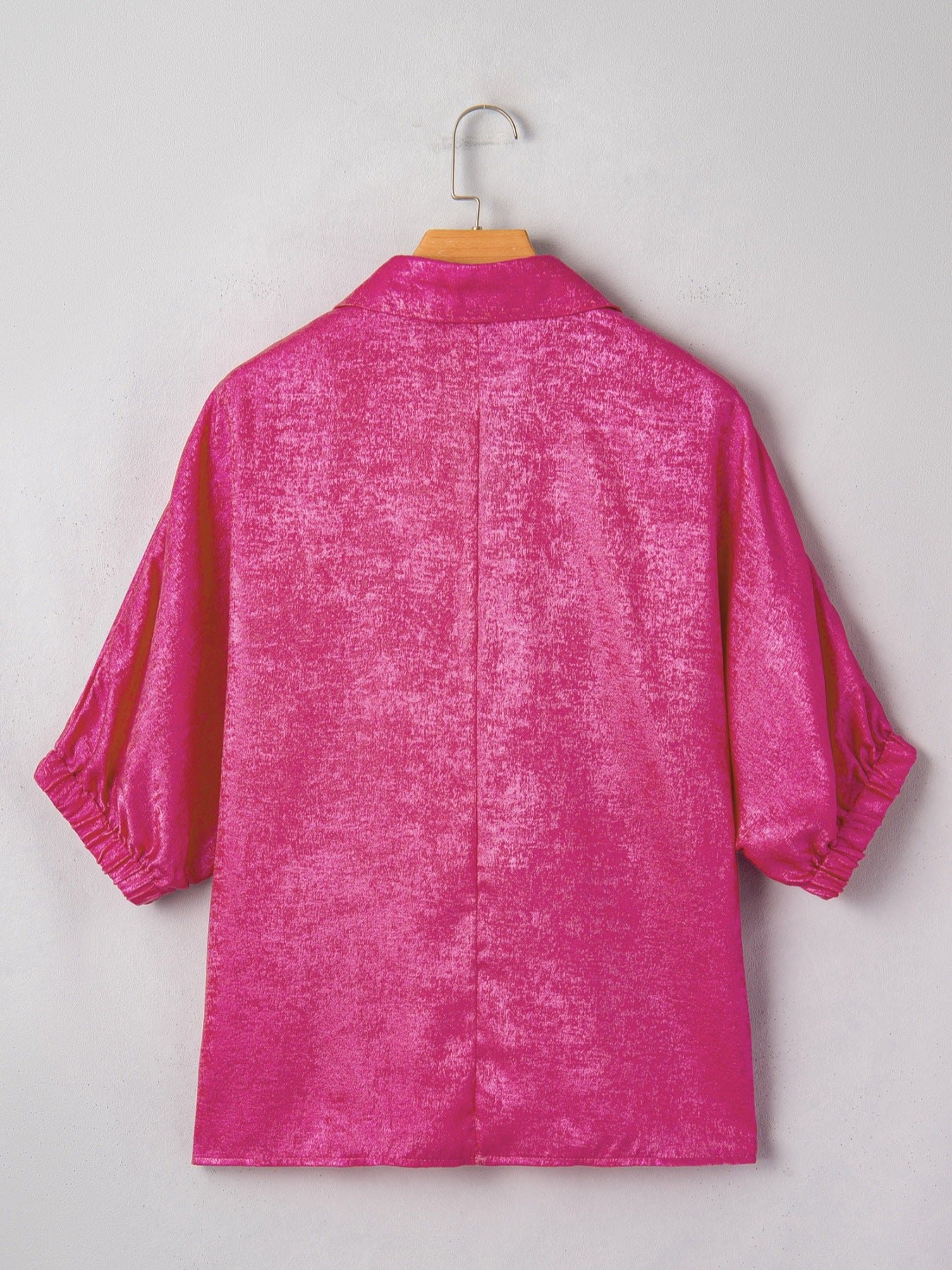 Metallic Blouse Collared V-Neck Half Sleeve Casual Deep Rose Loose Top