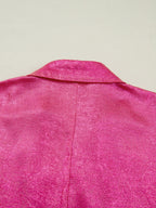Metallic Blouse Collared V-Neck Half Sleeve Casual Deep Rose Loose Top