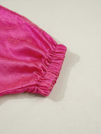 Metallic Blouse Collared V-Neck Half Sleeve Casual Deep Rose Loose Top