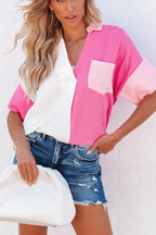Color Block Casual Shirt Blouse Cotton V-Neck Collar Pink White Short Sleeve Top