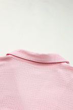 Color Block Casual Shirt Blouse Cotton V-Neck Collar Pink White Short Sleeve Top