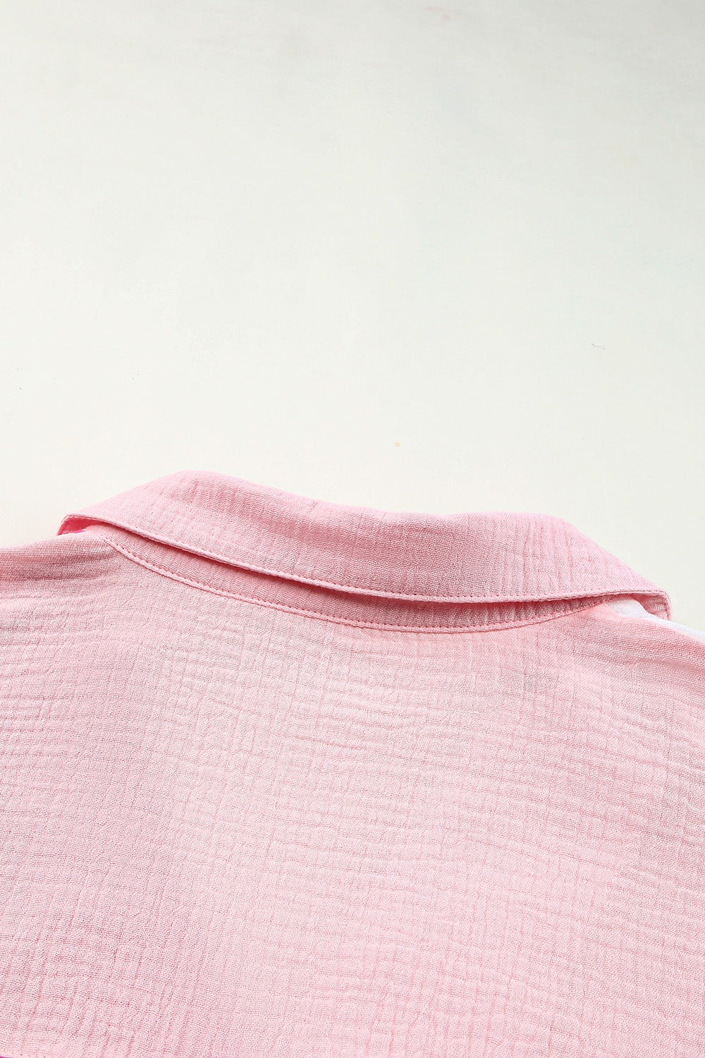 Color Block Casual Shirt Blouse Cotton V-Neck Collar Pink White Short Sleeve Top