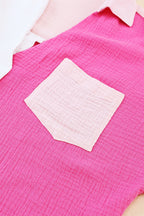 Color Block Casual Shirt Blouse Cotton V-Neck Collar Pink White Short Sleeve Top