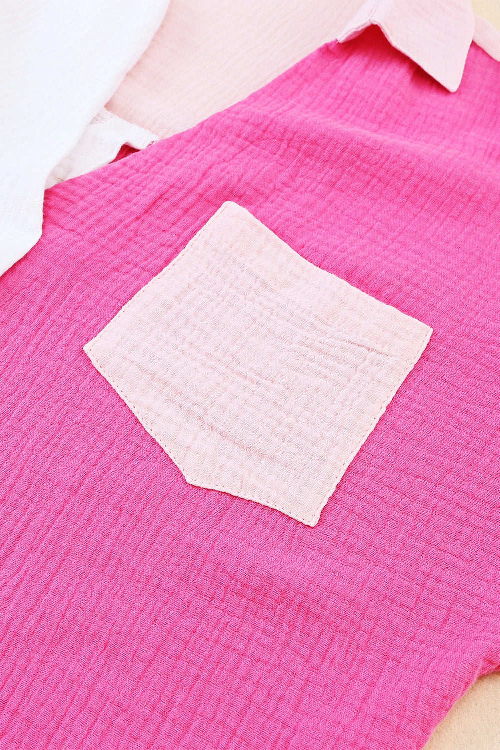 Color Block Casual Shirt Blouse Cotton V-Neck Collar Pink White Short Sleeve Top