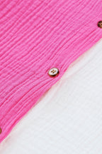 Color Block Casual Shirt Blouse Cotton V-Neck Collar Pink White Short Sleeve Top