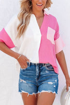 Color Block Casual Shirt Blouse Cotton V-Neck Collar Pink White Short Sleeve Top
