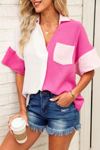 Color Block Casual Shirt Blouse Cotton V-Neck Collar Pink White Short Sleeve Top
