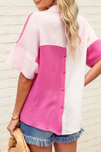 Color Block Casual Shirt Blouse Cotton V-Neck Collar Pink White Short Sleeve Top