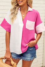 Color Block Casual Shirt Blouse Cotton V-Neck Collar Pink White Short Sleeve Top