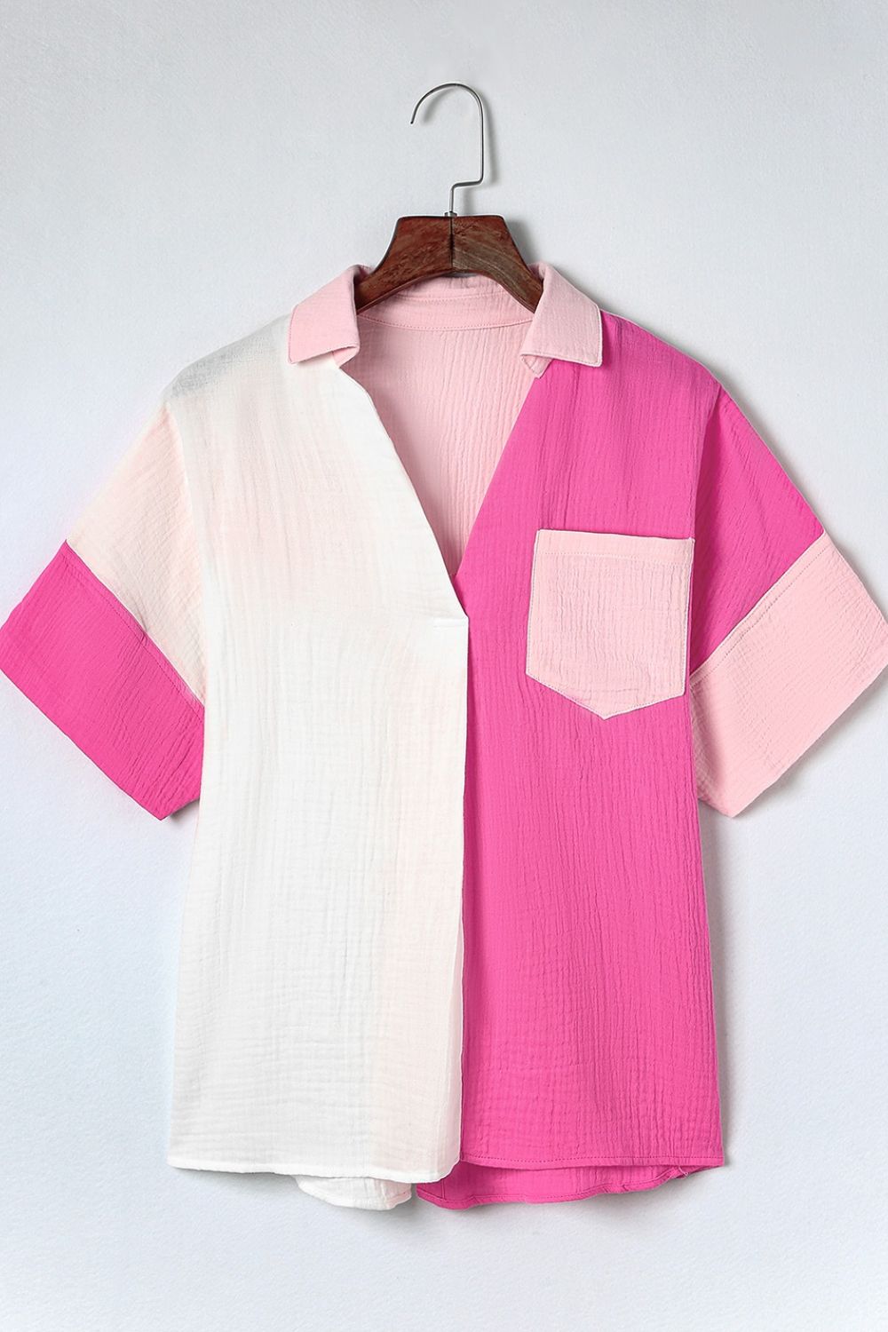 Color Block Casual Shirt Blouse Cotton V-Neck Collar Pink White Short Sleeve Top