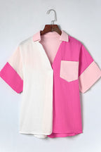 Color Block Casual Shirt Blouse Cotton V-Neck Collar Pink White Short Sleeve Top
