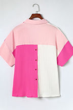 Color Block Casual Shirt Blouse Cotton V-Neck Collar Pink White Short Sleeve Top