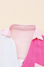 Color Block Casual Shirt Blouse Cotton V-Neck Collar Pink White Short Sleeve Top