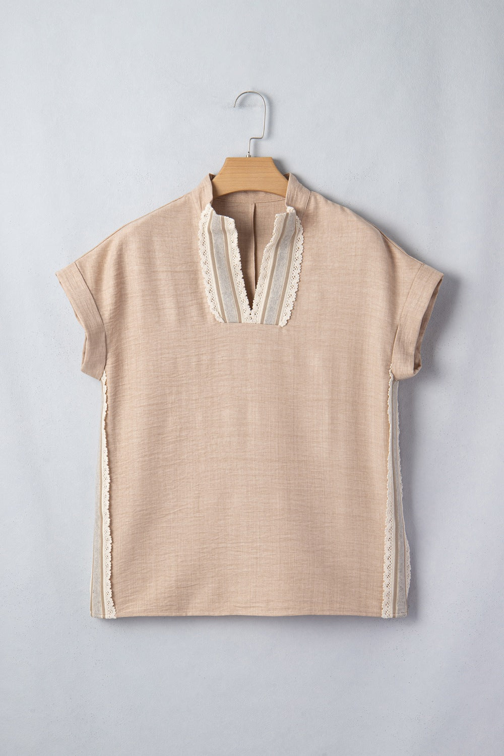 Casual Blouse Crochet Floral Lace Trim V-Neck Short Sleeve Loose Women's Top