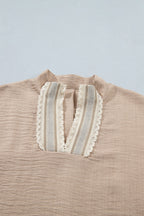 Casual Blouse Crochet Floral Lace Trim V-Neck Short Sleeve Loose Women's Top