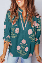 Casual Blouse Floral Embroidered Notched V-Neck Stripe Trim Dark Green Top