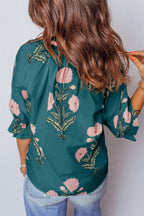 Casual Blouse Floral Embroidered Notched V-Neck Stripe Trim Dark Green Top