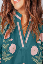 Casual Blouse Floral Embroidered Notched V-Neck Stripe Trim Dark Green Top