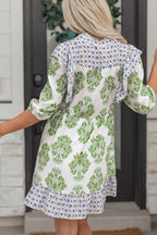 Babydoll Minikleid Boho Blumenmix Print V-Ausschnitt Rüschen Kurzarm Lässig