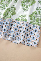Babydoll Minikleid Boho Blumenmix Print V-Ausschnitt Rüschen Kurzarm Lässig