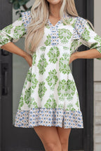 Babydoll Minikleid Boho Blumenmix Print V-Ausschnitt Rüschen Kurzarm Lässig