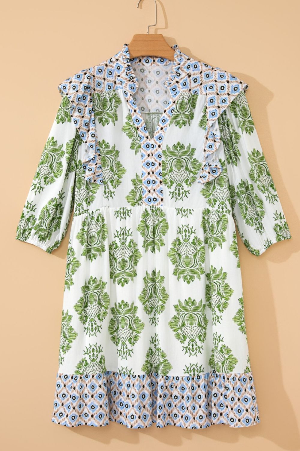 Babydoll Mini Dress Boho Floral Mix Print V-Neck Ruffle Short Sleeve Casual