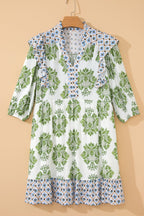 Babydoll Minikleid Boho Blumenmix Print V-Ausschnitt Rüschen Kurzarm Lässig