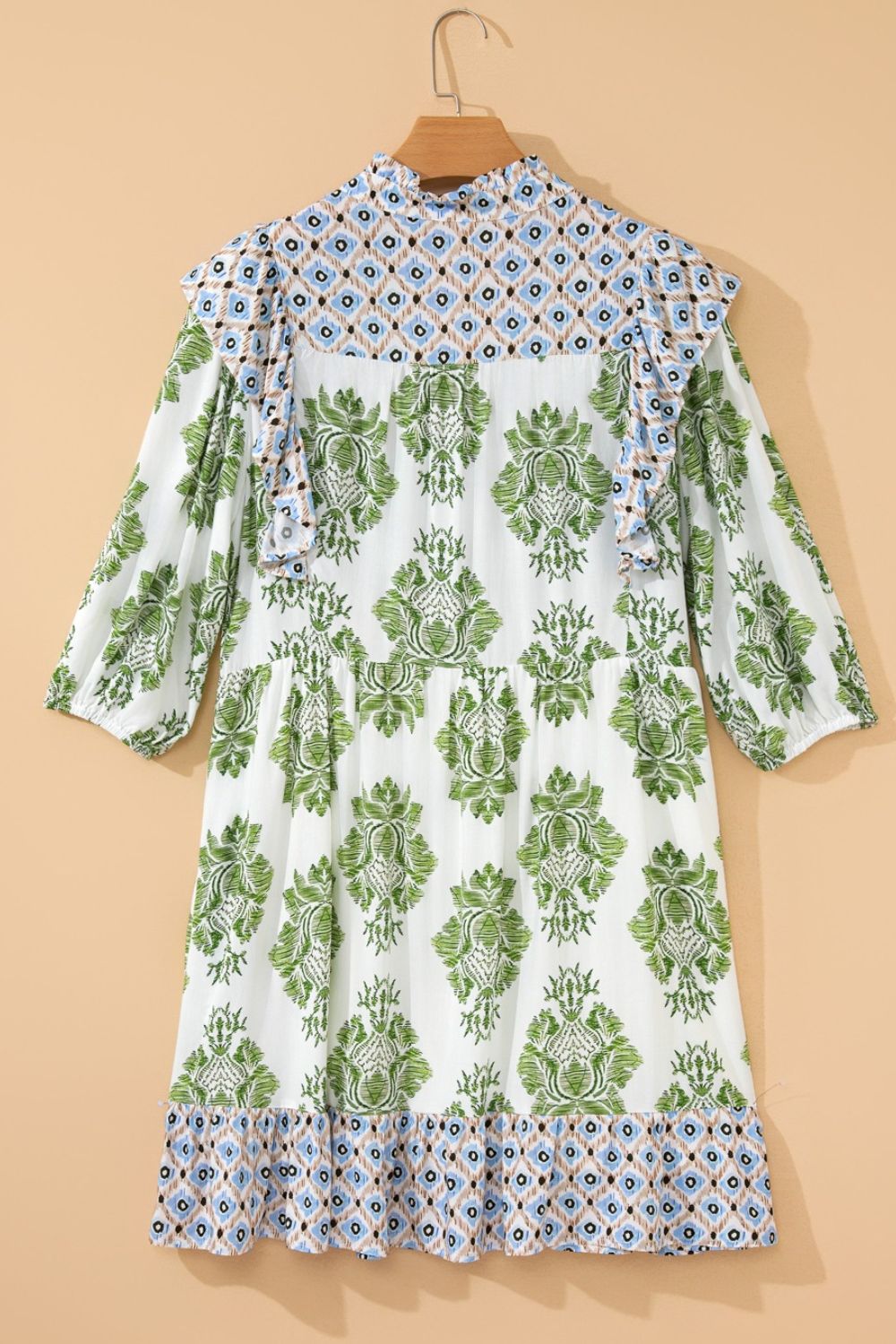 Babydoll Mini Dress Boho Floral Mix Print V-Neck Ruffle Short Sleeve Casual