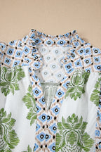 Babydoll Minikleid Boho Blumenmix Print V-Ausschnitt Rüschen Kurzarm Lässig