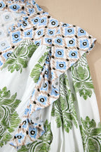 Babydoll Minikleid Boho Blumenmix Print V-Ausschnitt Rüschen Kurzarm Lässig