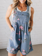Denim Jumpsuit Overall Floral Print Light Blue Short Casual One-piece with Pockets