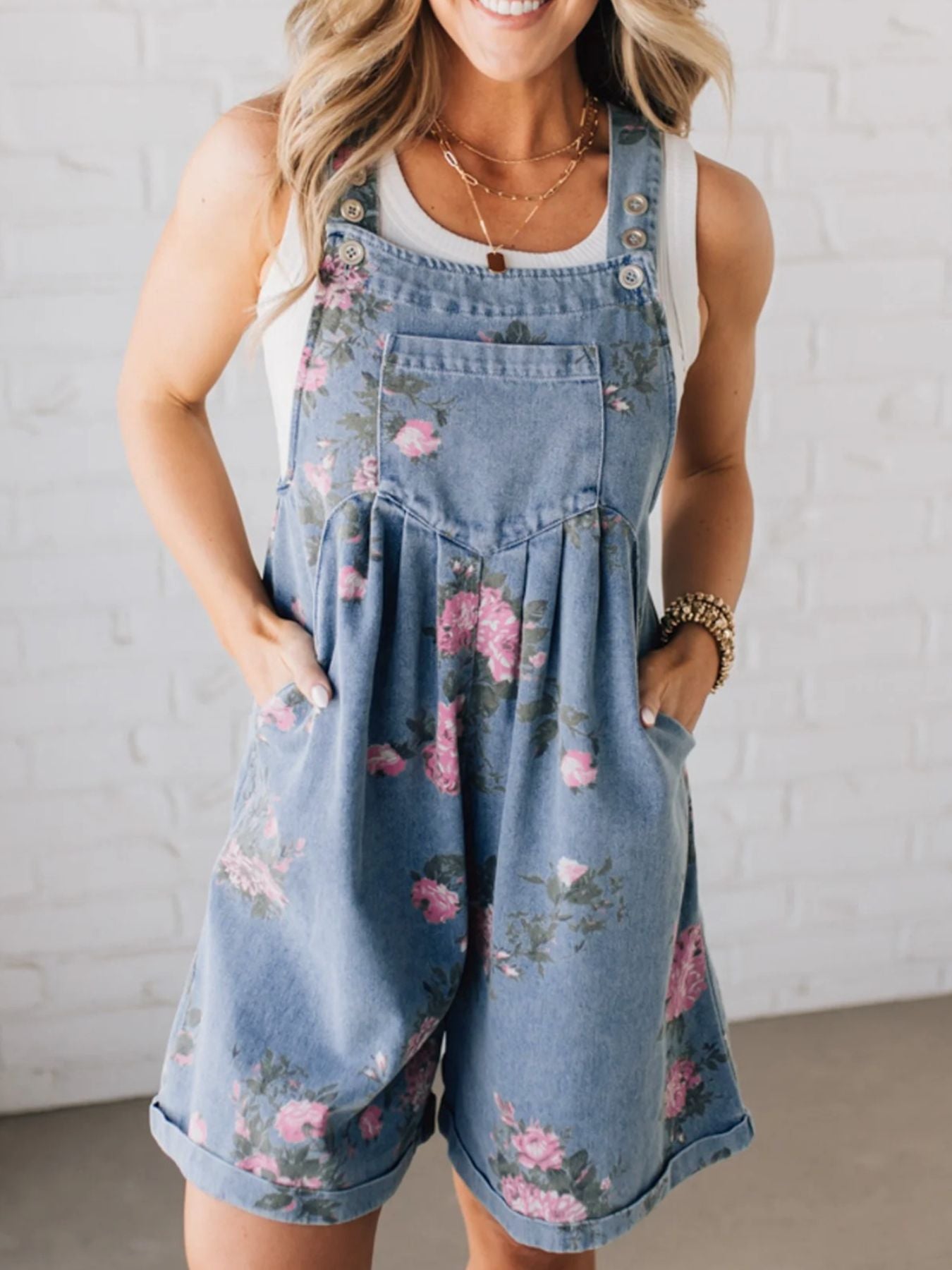 Denim Jumpsuit Overall Floral Print Light Blue Short Casual One-piece with Pockets