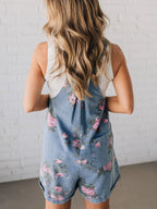 Denim Jumpsuit Overall Floral Print Light Blue Short Casual One-piece with Pockets