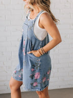 Denim Jumpsuit Overall Floral Print Light Blue Short Casual One-piece with Pockets