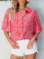 Women's Casual Floral Shirt Button-up Short Sleeve Burnt Coral Blouse Top
