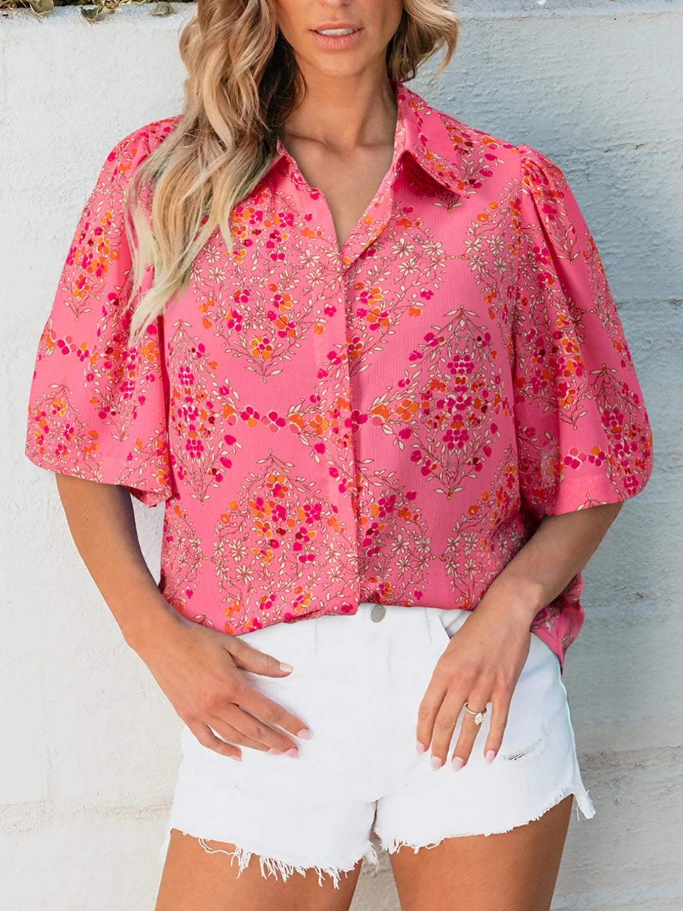 Women's Casual Floral Shirt Button-up Short Sleeve Burnt Coral Blouse Top