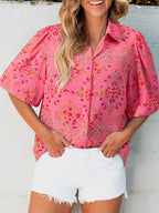 Women's Casual Floral Shirt Button-up Short Sleeve Burnt Coral Blouse Top