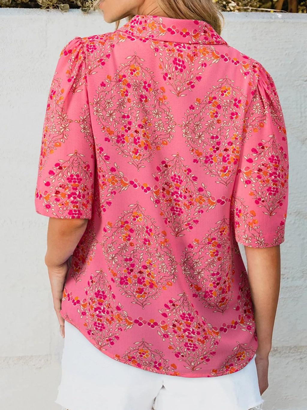 Women's Casual Floral Shirt Button-up Short Sleeve Burnt Coral Blouse Top