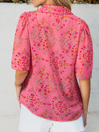 Women's Casual Floral Shirt Button-up Short Sleeve Burnt Coral Blouse Top