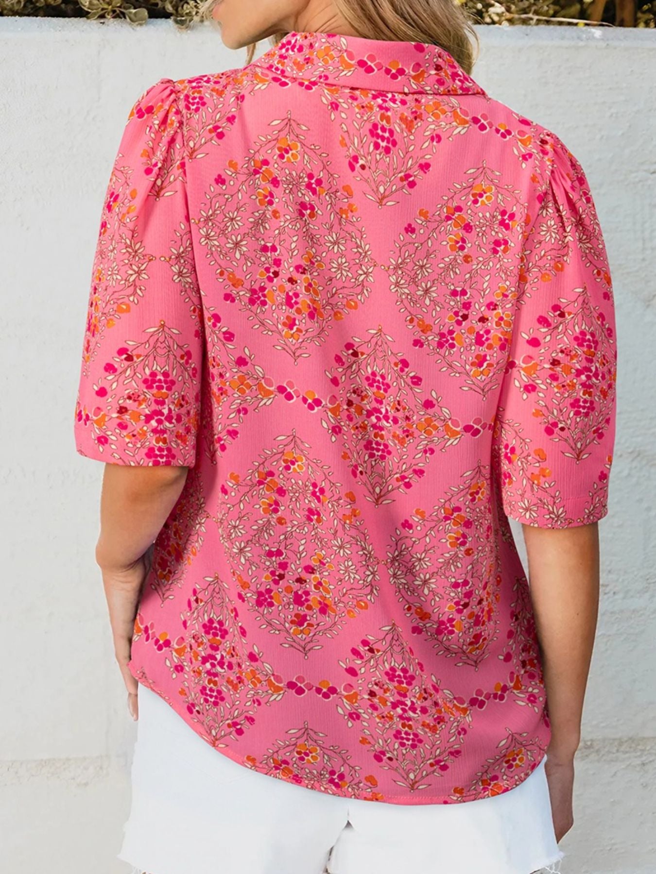 Women's Casual Floral Shirt Button-up Short Sleeve Burnt Coral Blouse Top